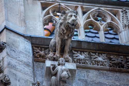 Elements of Gothic architecture. Grotesque, chimera and gargoyle sculptures on the facade of an ancient medieval cathedral. St. Stephen's Cathedral. Vienna. Austria