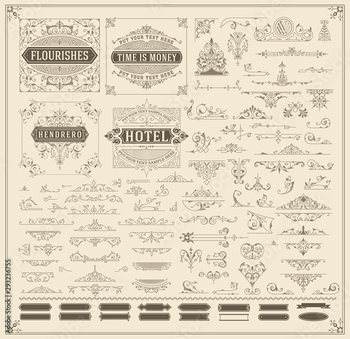 Mega set of swirls, scrolls, logos and design elements. Flourishes set for retro design, greeting cards, invitations, weddings designs and other. Vector set.