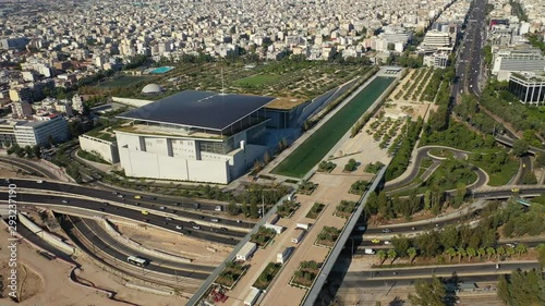 Aerial video of famous seaside tourist area of Faliro or Phaliro featuring Stavros Niarhos Cultural centrein, Athens riviera, Attica, Greece photo