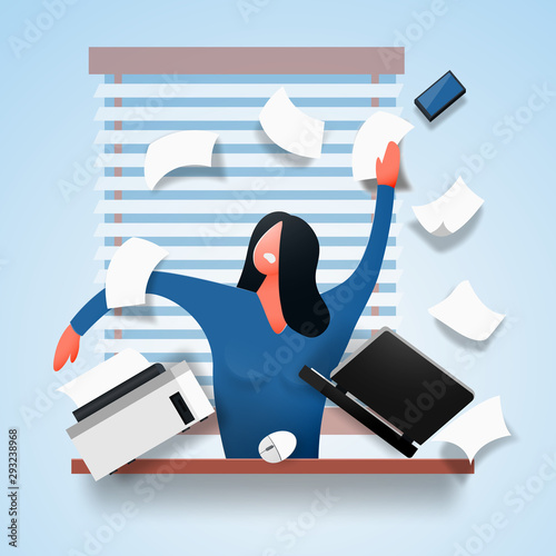An angry woman accountant in stress sits at a table scattering documents and paper. Busy businesswoman overworked professional. Vector illustration. photo
