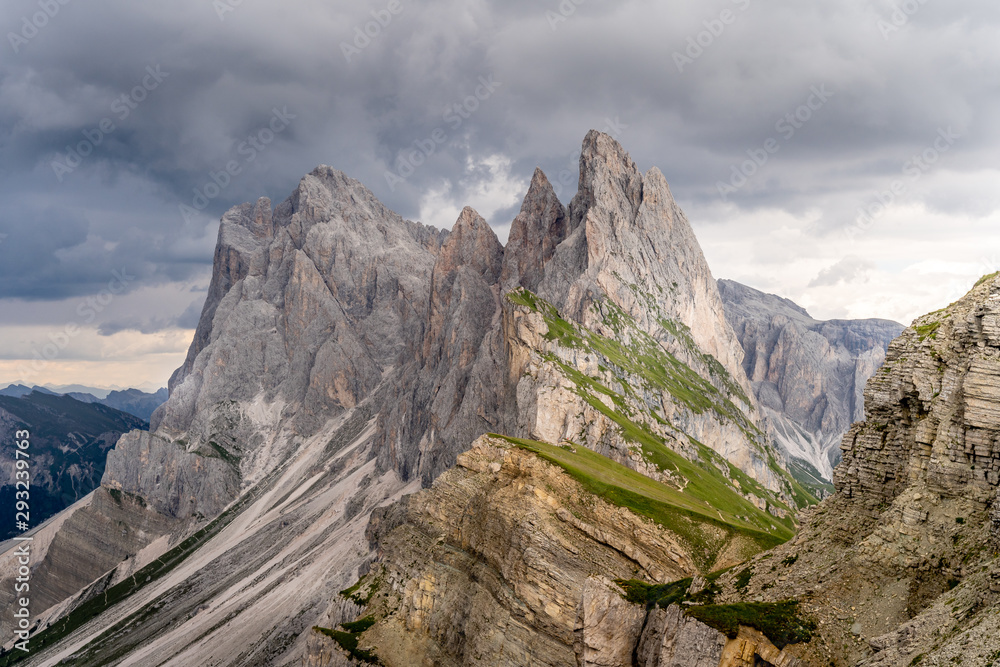Incoming storm to the Seceda peak at the beautiful Val Gardena valley in Dolomites mountains, Alps, Italy.