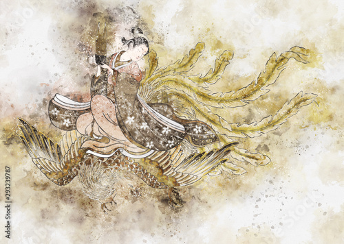 浮世絵　女性と不死鳥　その2 水彩 © KIMASA
