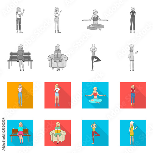 Vector design of posture and mood icon. Set of posture and female vector icon for stock.