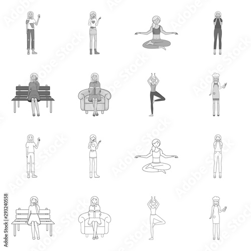 Isolated object of posture and mood icon. Set of posture and female vector icon for stock.