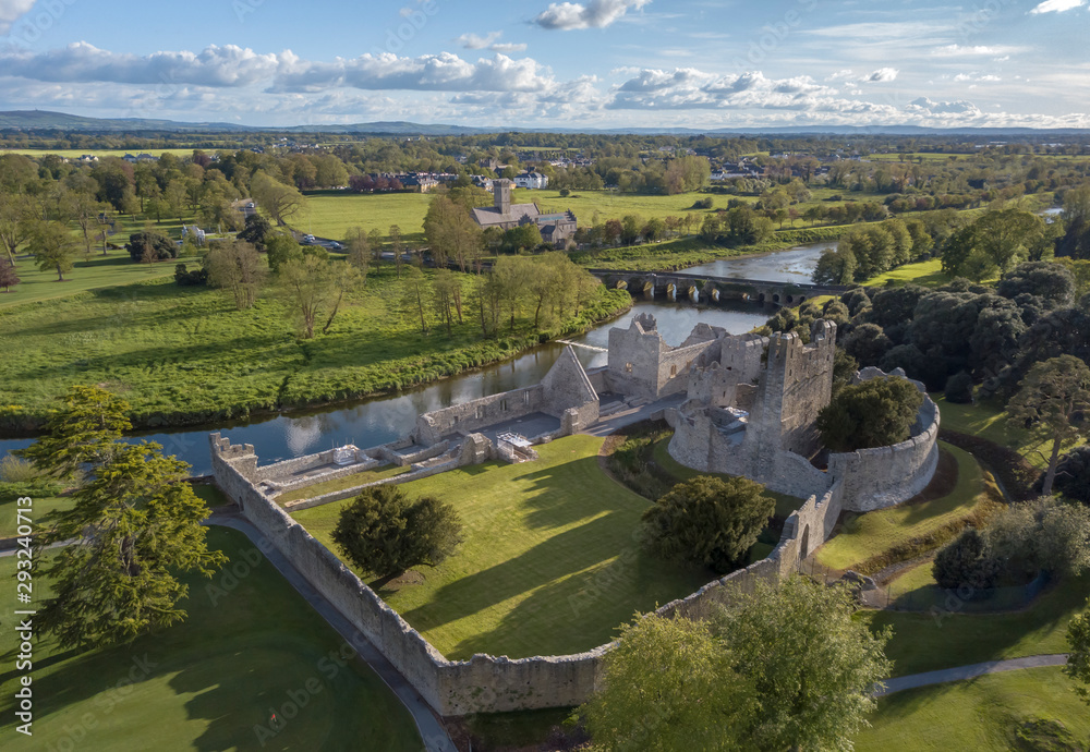 Desmond Castle aerial view.  Adare, Ireland. May, 2019