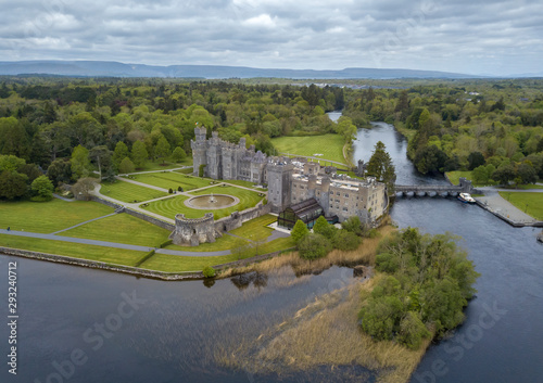 Ashford Castle aerial view. Cong, Ireland. May, 2019