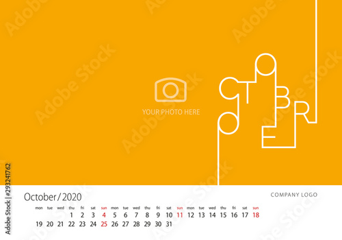 Calendar 2020 New Year October modern line design template orange background