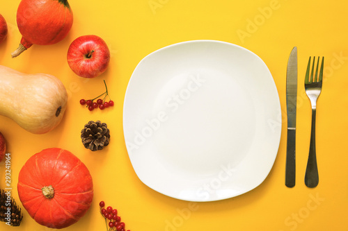 Empty white plate for text, red berries, pumpkins and apples against yellow background