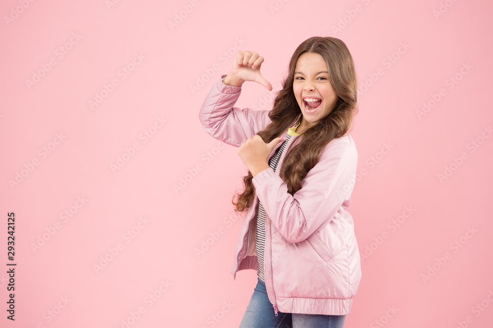 Girls power. Look at me. Modern fashion for kids. Clothes store. Autumn season collection. Street style outfit. Comfortable outfit for autumn. Trendy outfit. Little kid wear pink bomber jacket Girls power. Look at me. Modern fashion for kids. Clothes store. Autumn season collection. Street style outfit. Comfortable outfit for autumn. Trendy outfit. Little kid wear pink bomber jacket