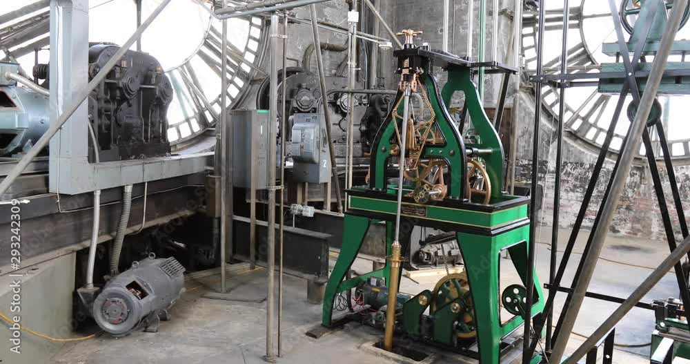 Vintage gravity driven clock tower mechanisms and dials inside tower with sound.