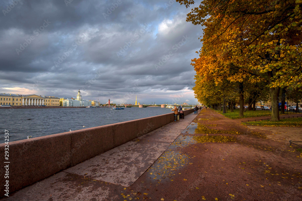 evening view of the Neva river and the Palace bridge. Saint Petersburg
