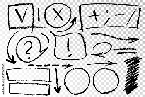 Vector hand drawn design elements. Ink brush drawn notes and marks. Set of artistic elements such as arrows, check box, underlines, question mark and exclamation point. Monochrome collection.