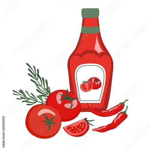 Ketchup set. Vector ketchup bottle, tomatoes and chili pepper. 