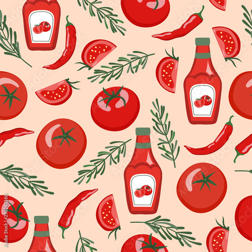 Seamless ketchup sauce pattern with sauce bottles, tomatoes, chili pappers.