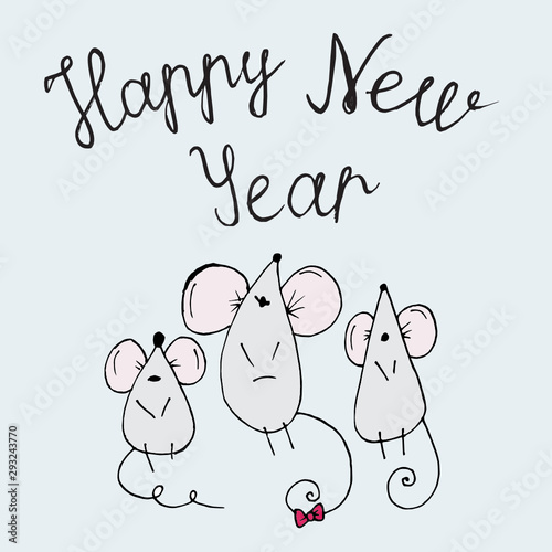 postcard Doodle little mice and lettering merry new year