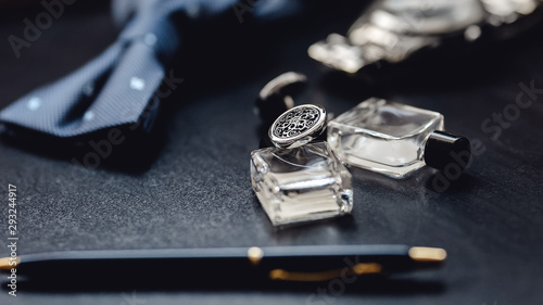 luxury men's cufflinks with watch, pen and parfums bottle
