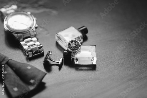 luxury men's cufflinks with watch, pen and parfums bottle