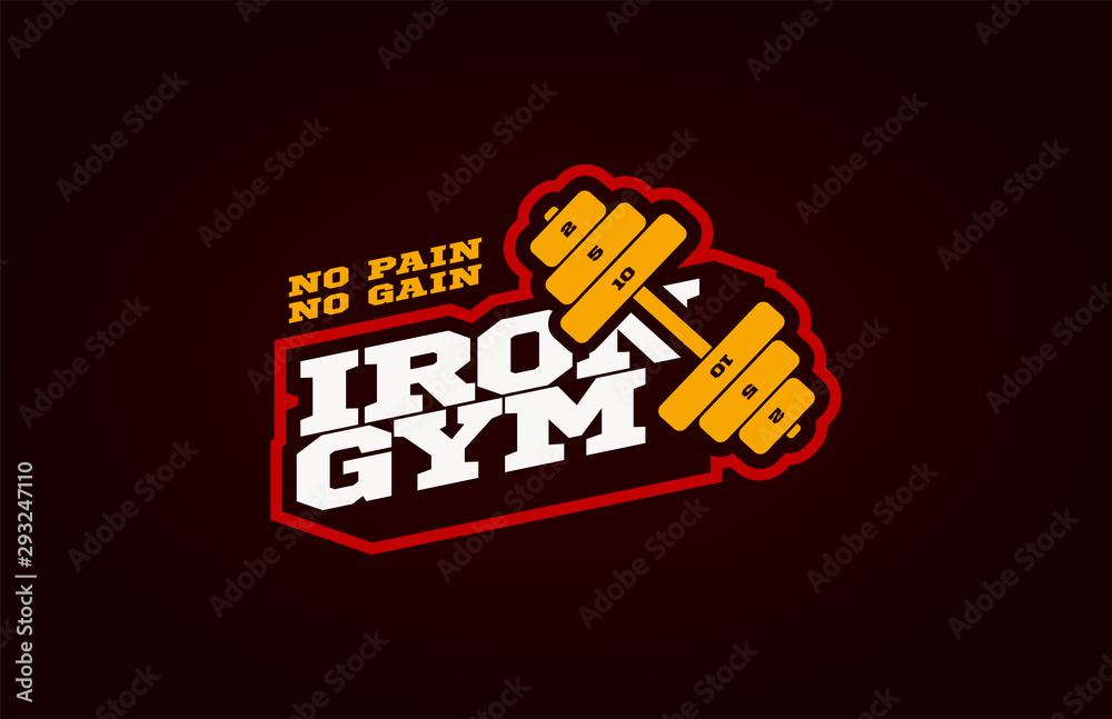 Iron Gym mascot Modern professional sport Typography in retro style. Vector design emblem, badge and sporty template logo design.