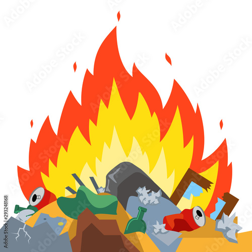 burn garbage at the landfill. harmful emissions. environmental damage. Flat vector illustration.