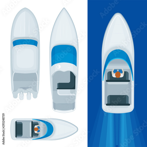 Speed boats top view. Sped boats top aerial view realistic vector illustrations set. Part of set. 