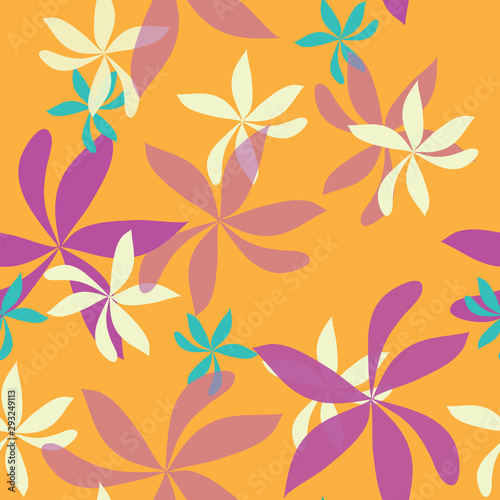 seamless repeat pattern with whimsical flowers on orange background. Modern and original textile, wrapping paper, wall art design.