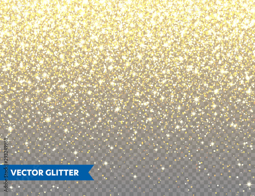 Sparkling Golden Glitter on Transparent Vector Background. Falling Shiny Confetti with Gold Shards. Shining Light Effect for Christmas or New Year Greeting Card.