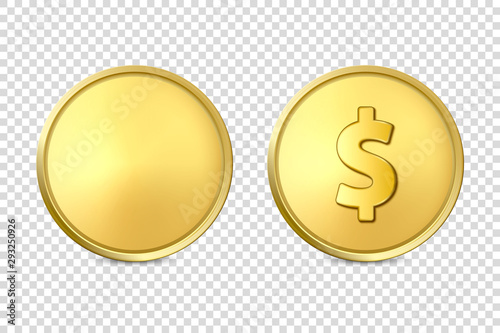 Vector 3d Realistic Golden Metal Coin Icon Set, Blank and with Dollar Sign, Closeup Isolated on Transparent Background. Design Template, Clipart of Gold Money, Currency. Financial Concept. Front View