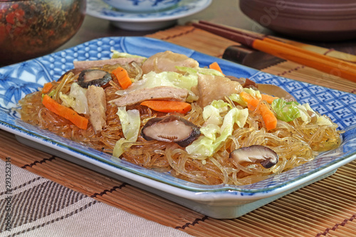 Baked vermicilli with vegetarian abalone. Vegetarian food, Vegetarian festival. Selective focus. photo