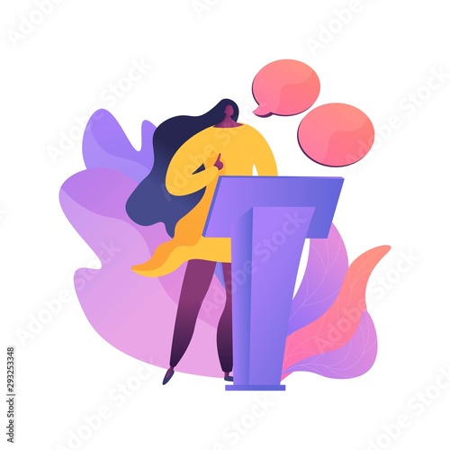 Business conference, corporate presentation. Female speaker flat character with empty speech bubbles. Political debates, professor, seminar. Vector isolated concept metaphor illustration