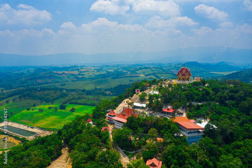Aerial view of Wat Pa Phu Hai Long located on top of the mountain in Nakhon Ratchasima Province, Thailand