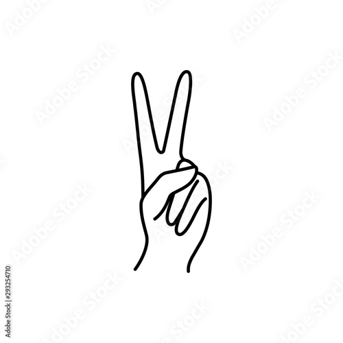Woman's Hand with two finger pointing up icon line. Vector Illustration of female hands of victory, peace gesture. Lineart in a trendy minimalist style. For logo, postcards, posters, t-shirt print