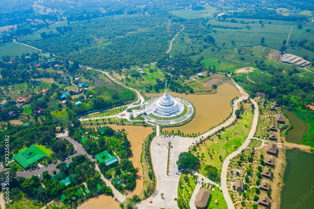 Aerial view of white pagoda at Wat Sangtham wangkaokaew at Wangnamkaew ,Nakornratchasrima,Thailand