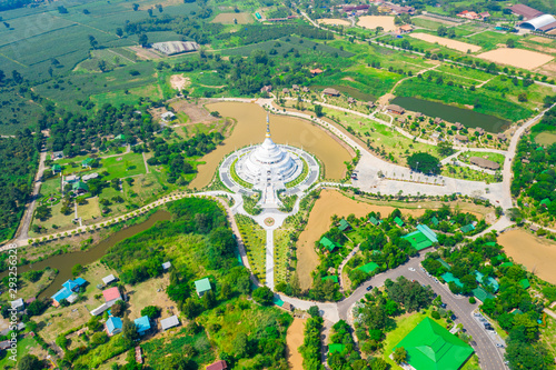 Aerial view of white pagoda at Wat Sangtham wangkaokaew at Wangnamkaew ,Nakornratchasrima,Thailand © Panwasin