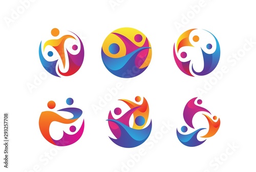 People care fun colorful illustration for health and education logo designPeople care fun colorful illustration for health and education logo design set