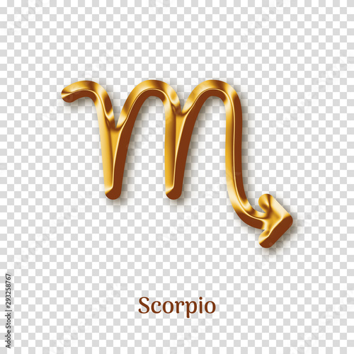 Scorpio gold metal zodiac sign isolated on transparent background. Luxury star sign for astrology horoscope prediction. Realistic shiny stylized design of horoscope constellation vector illustration.