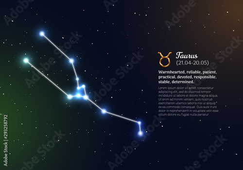 Taurus zodiacal constellation with bright stars. Taurus star sign and dates of birth on deep space background. Astrology horoscope with unique positive people personality traits vector illustration.