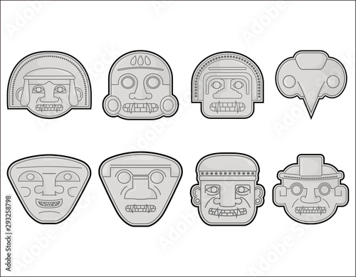 Famous San Agustín, Huila Colombian pre Hispanic sculptures Heads, vector illustration set photo