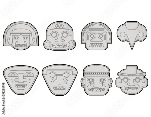 Famous San Agustín, Huila Colombian pre Hispanic sculptures Heads, vector illustration set