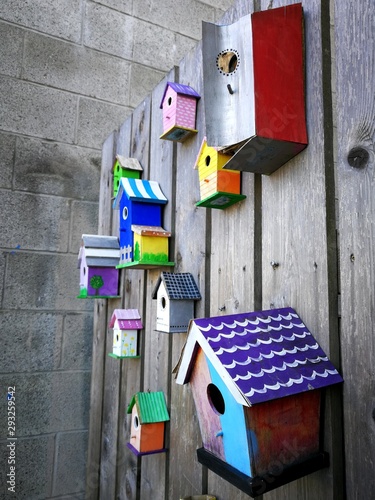 Colorful bird feeder houses in Steveston, a town located in the city of Richmond, British Columbia, Canada.