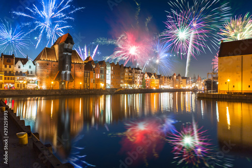Fireworks display over the old town in Gdansk, Poland