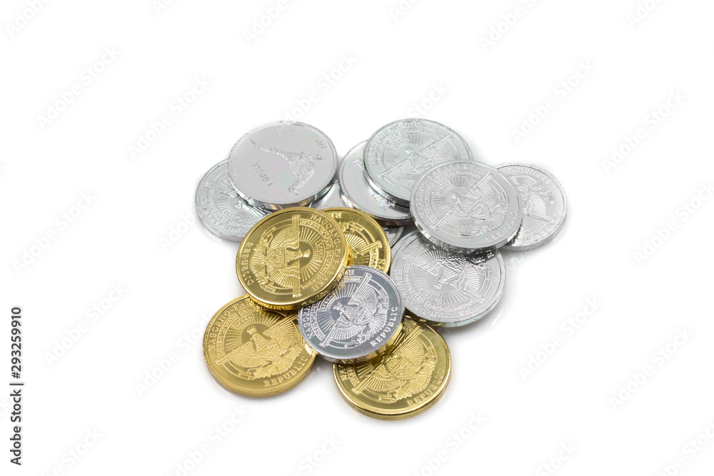 A macro image of a collection of silver and gold coins, shot close up in macro, from Nagorno-Karabakh against a clean, white background A macro image of a collection of silver and gold coins, shot close up in macro, from Nagorno-Karabakh against a clean, white background