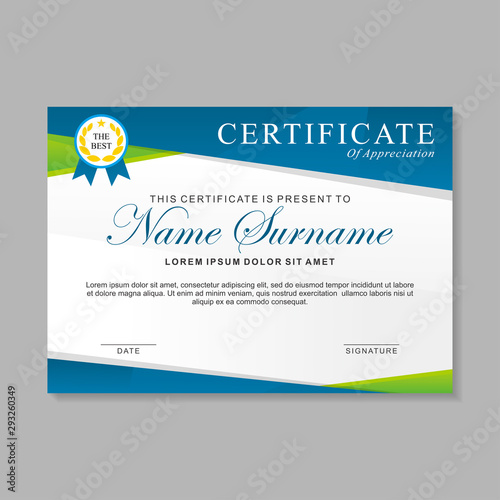 Modern certificate template design with blue, green and white color. Diploma certificate design 
