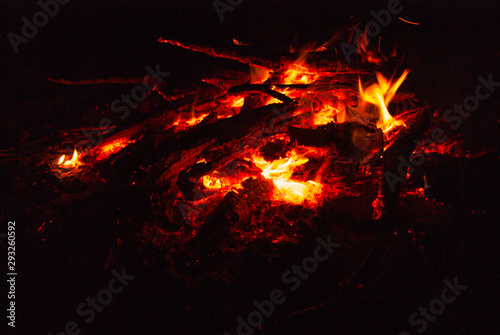 Night fire of dead wood at a halt