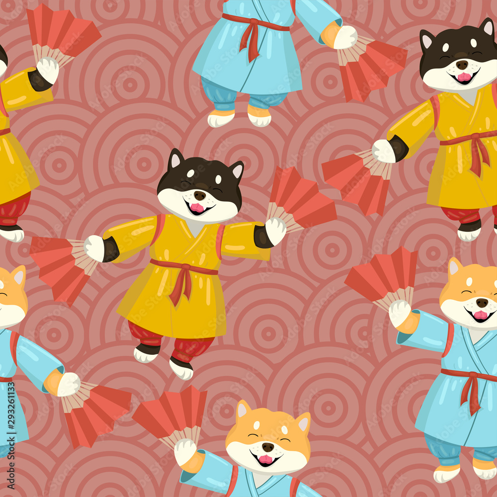 Seamless pattern with shiba inu in a kimono with fans.