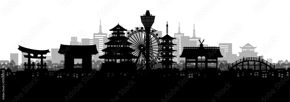 Fototapeta premium Panoramiczny widok sylwetka panoramę miasta Osaka ze słynnymi zabytkami Japonii w ilustracji wektorowych stylu cięcia papieru.