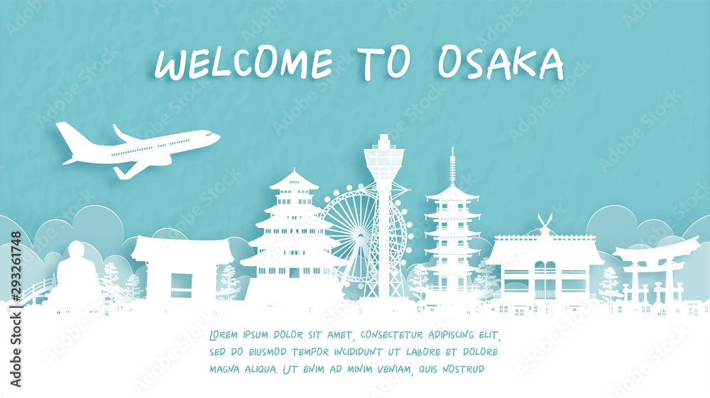 Fototapeta premium Travel poster with Welcome to Osaka, Japan famous landmark in paper cut style vector illustration.