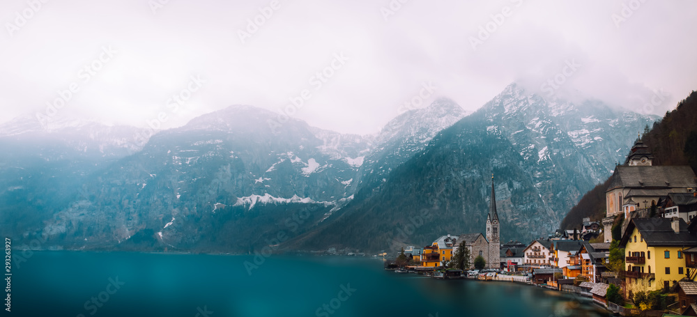 beautiful Hallstatt lakeside town with the Alps in winter at Austria