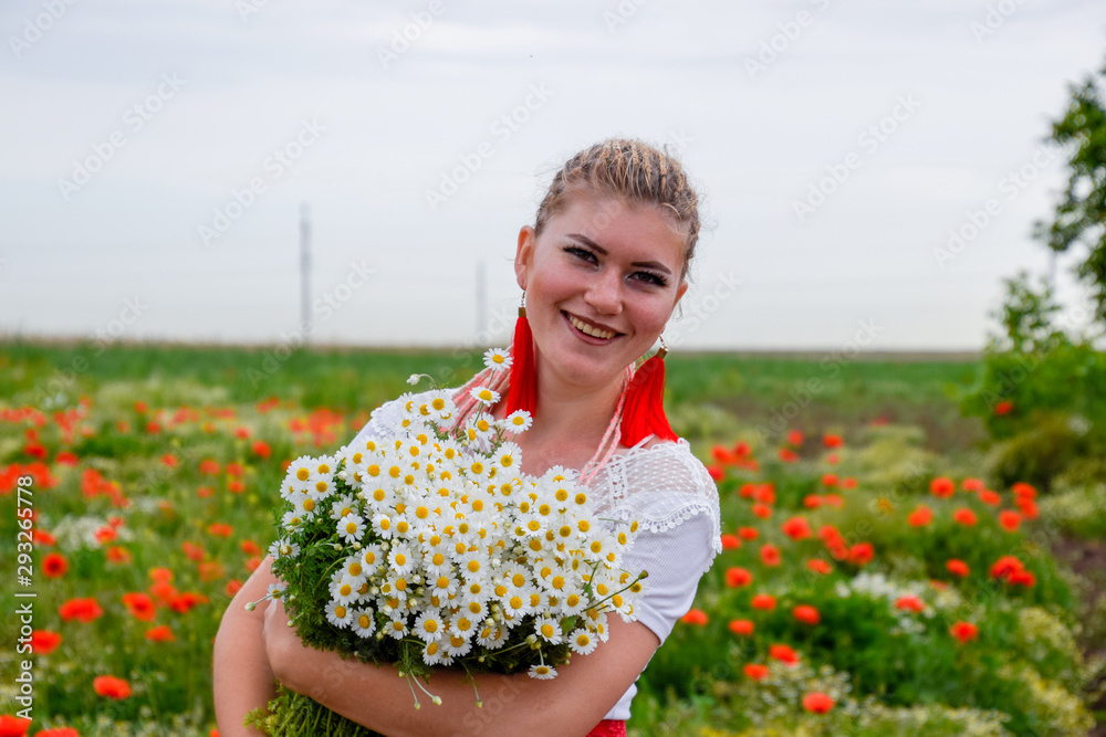 Young girl with a bouquet of daisies in a field. Daisies on a poppy field. Young girl with a bouquet of daisies in a field. Daisies on a poppy field.