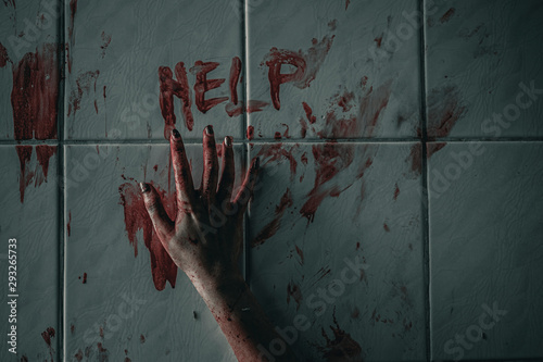Horror woman write a message requesting help with blood in hand, Halloween murder concept. photo