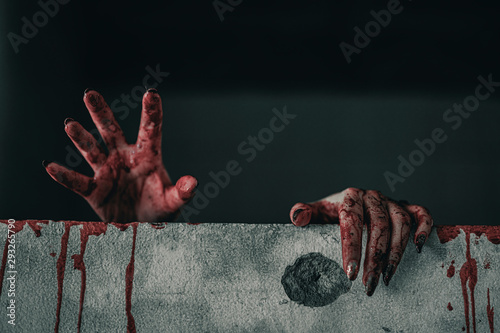 Horror ghost woman stretches her hand with resentment torture and ask for help with blood in hand, Halloween murder concept.